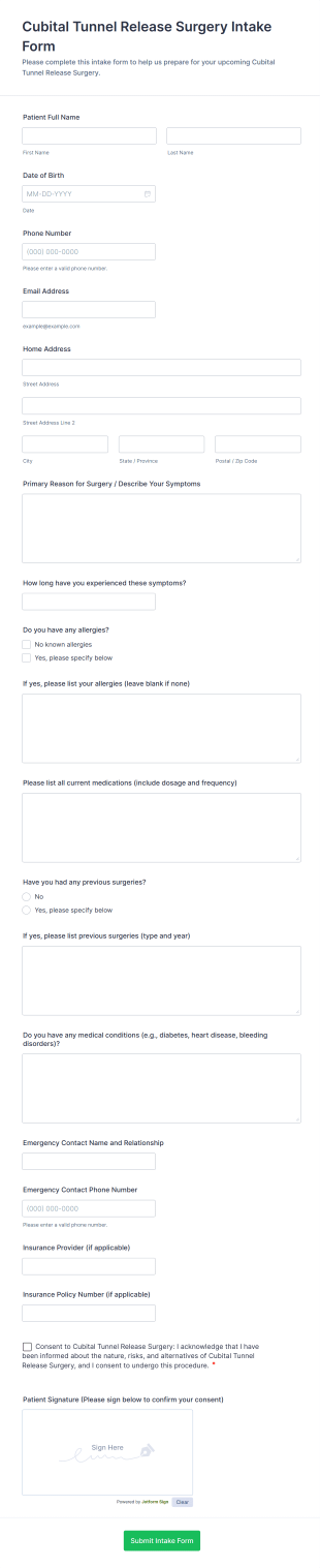 Cubital Tunnel Release Surgery Intake Form Template