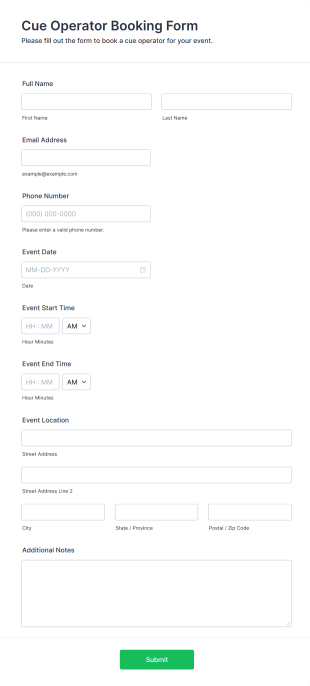 Cue Operator Booking Form Template