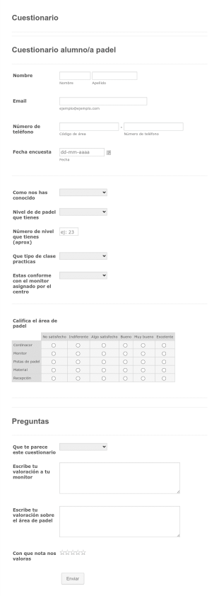 Cuestionario Alumno/a Padel Form Template