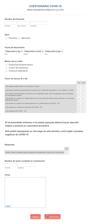 Cuestionario COVID 19 Previo A Cita SONRIE