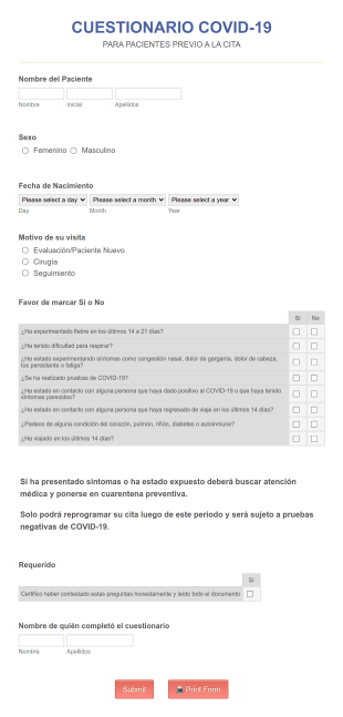 Cuestionario COVID 19 Previo A Consulta Dr. Cuéllar Form Template