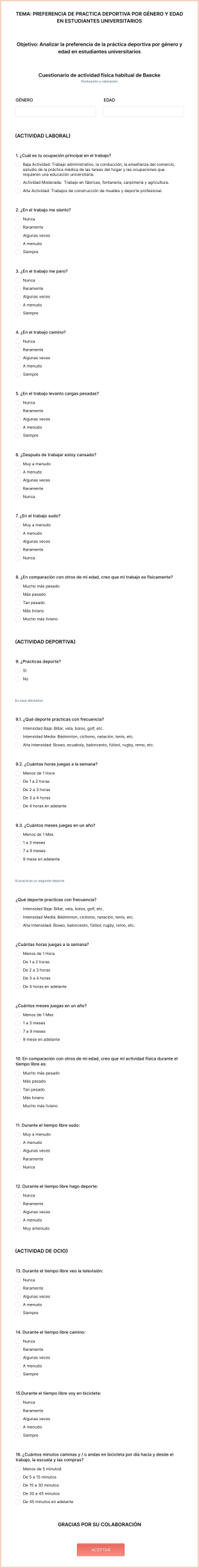 Cuestionario De Actividad Física Habitual De Baecke Form Template