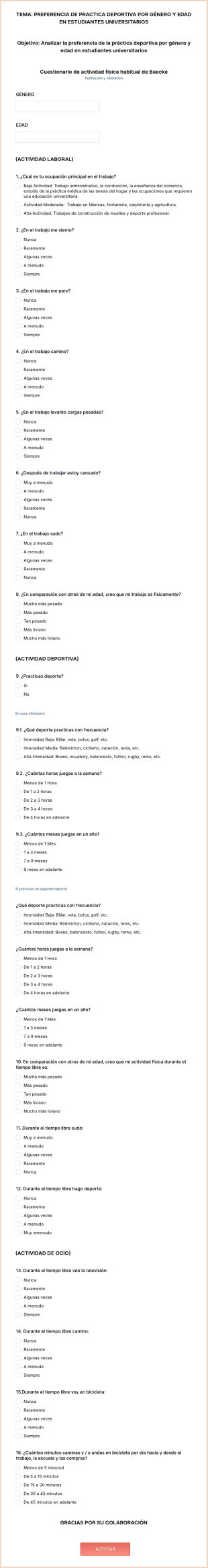 Cuestionario De Actividad Física Habitual De Baecke