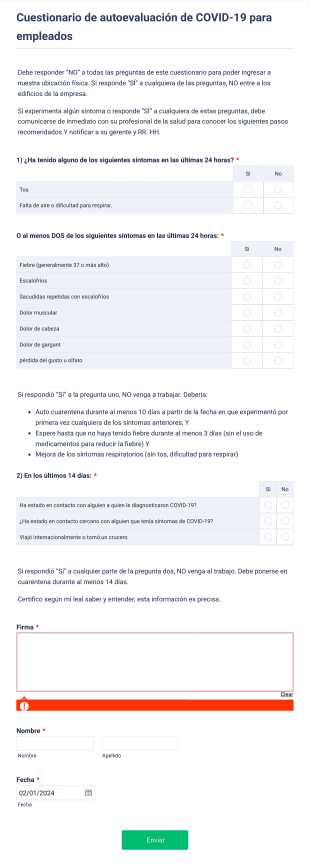 Cuestionario De Autoevaluación De COVID 19 Para Empleados Form Template