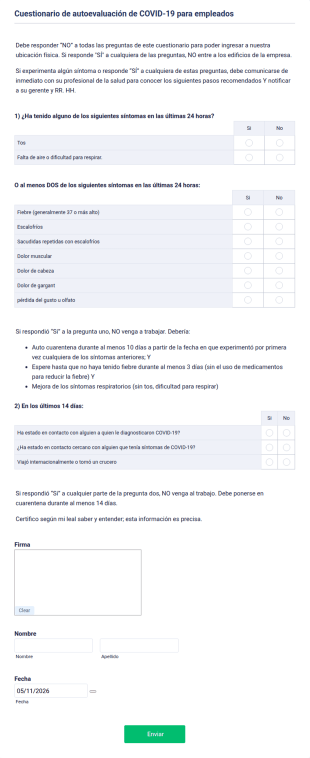 Cuestionario De Autoevaluación De COVID 19 Para Empleados