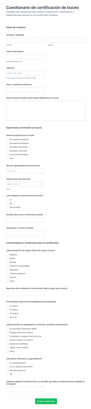 Cuestionario De Certificación De Buceo