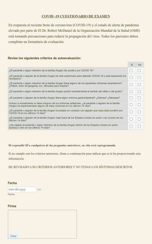 Cuestionario De Evalución Del Paciente COVIC 19 Consultorios Médicos