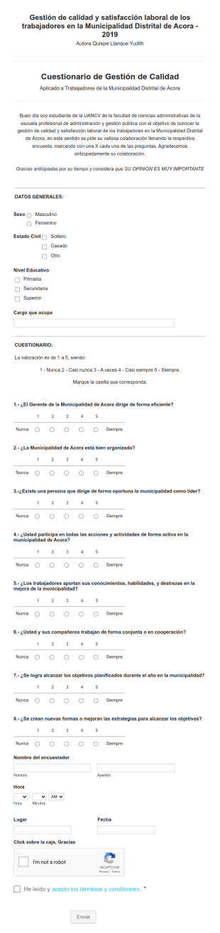 Cuestionario De Gestión De Calidad Y Satisfacción Laboral Form Template