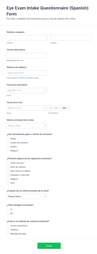 Cuestionario De Ingreso Para Examen De La Vista Form Template