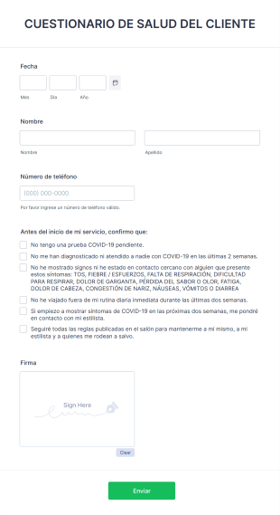 Cuestionario De Salud Del Cliente Form Template