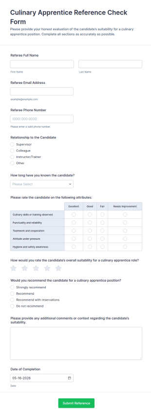 Culinary Apprentice Reference Check Form Template
