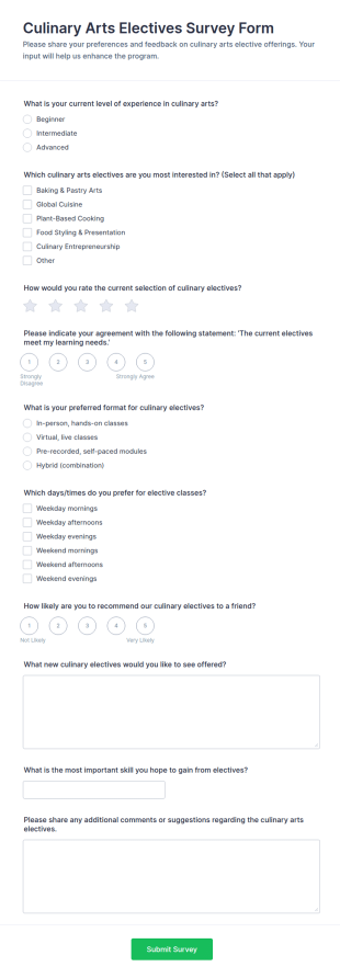 Culinary Arts Electives Survey Form Template