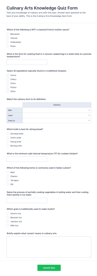 Culinary Arts Knowledge Quiz Form Template