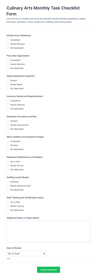 Culinary Arts Monthly Task Checklist Form Template