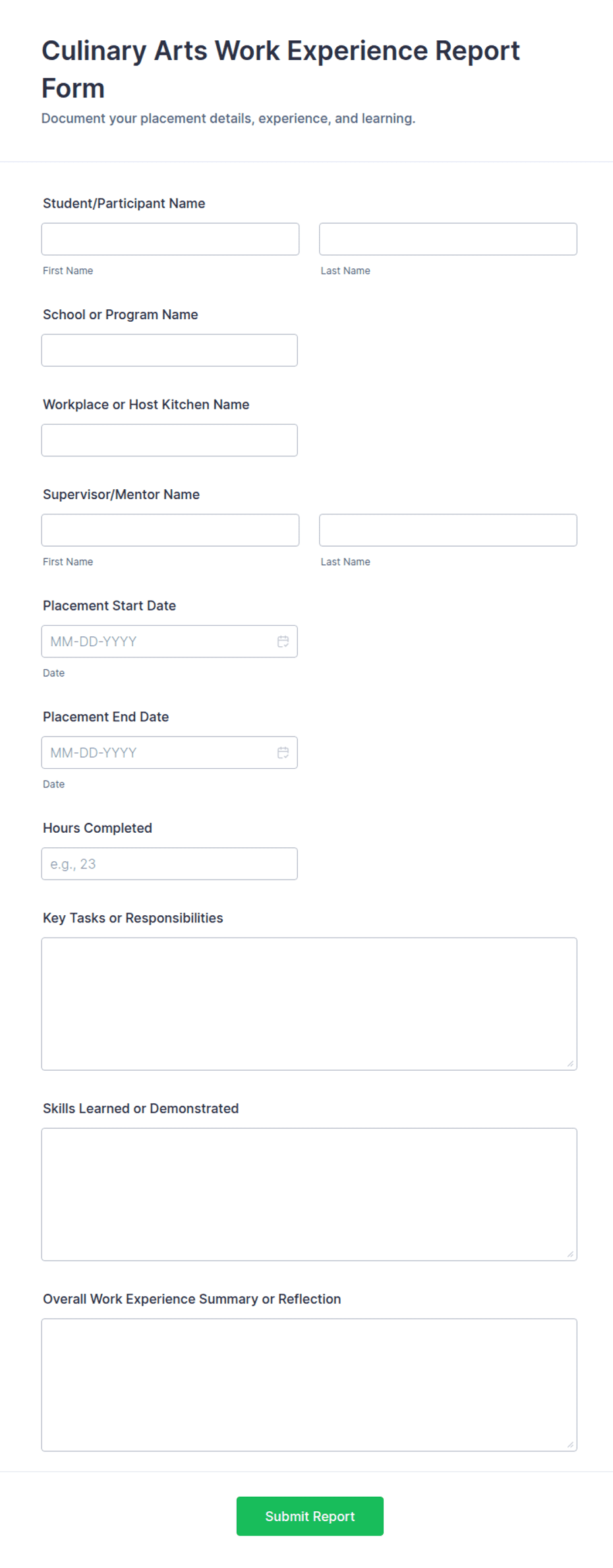 Culinary Arts Work Experience Report Form Template | Jotform