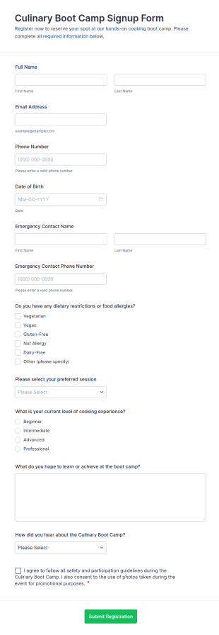 Culinary Boot Camp Signup Form Template