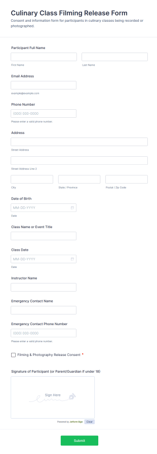 Culinary Class Filming Release Form Template