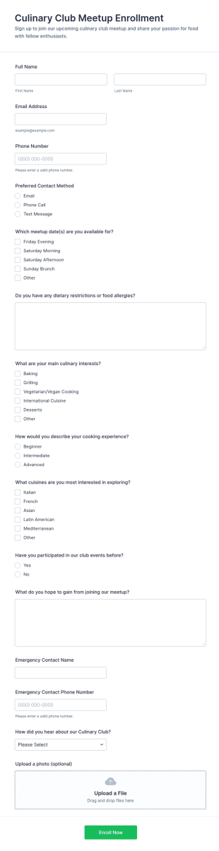 Culinary Club Meetup Enrollment Form Template