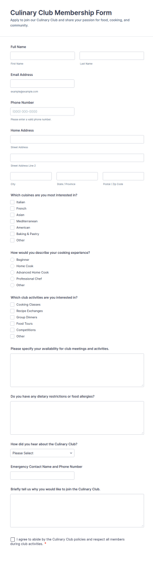 Culinary Club Membership Form Template