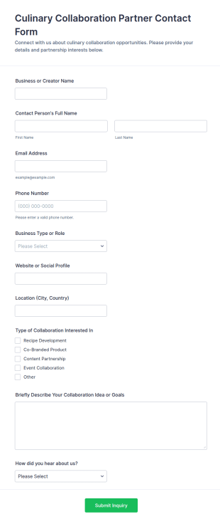 Culinary Collaboration Partner Contact Form Template