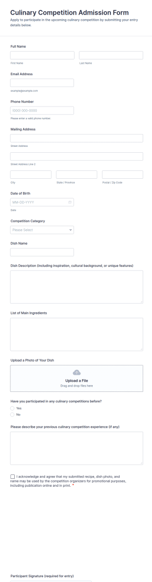 Culinary Competition Admission Form Template