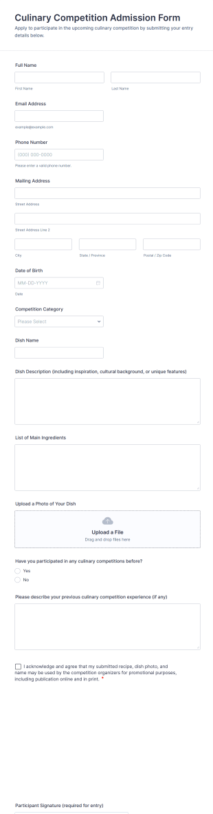 Culinary Competition Admission Form Template