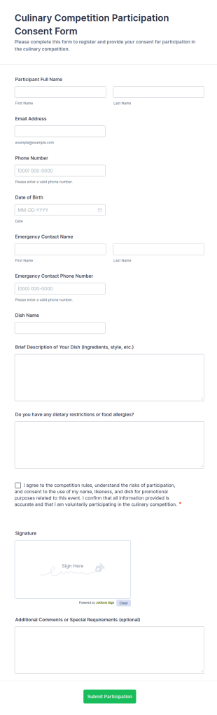Culinary Competition Participation Consent Form Template