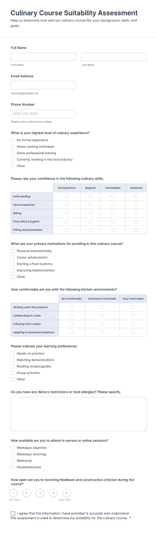 Culinary Course Suitability Assessment Form Template