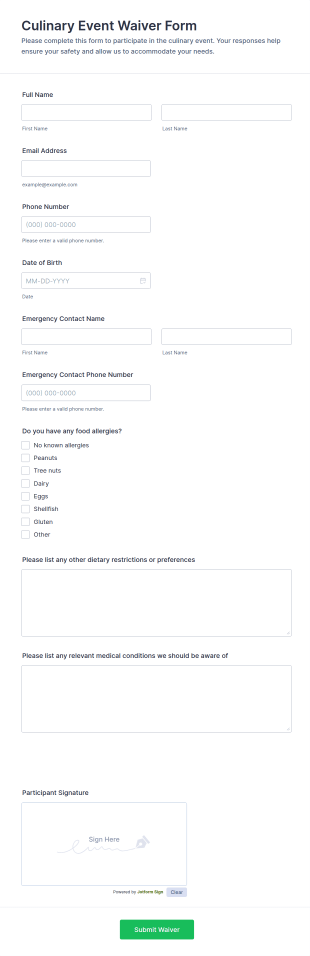 Culinary Event Waiver Form Template