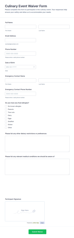 Culinary Event Waiver Form Template