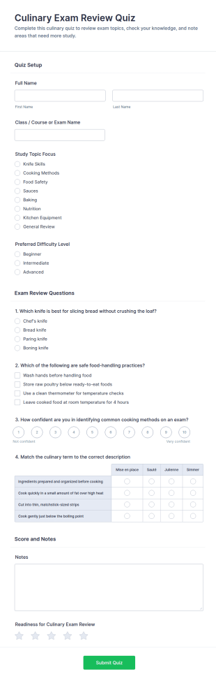 Culinary Exam Review Quiz Form Template