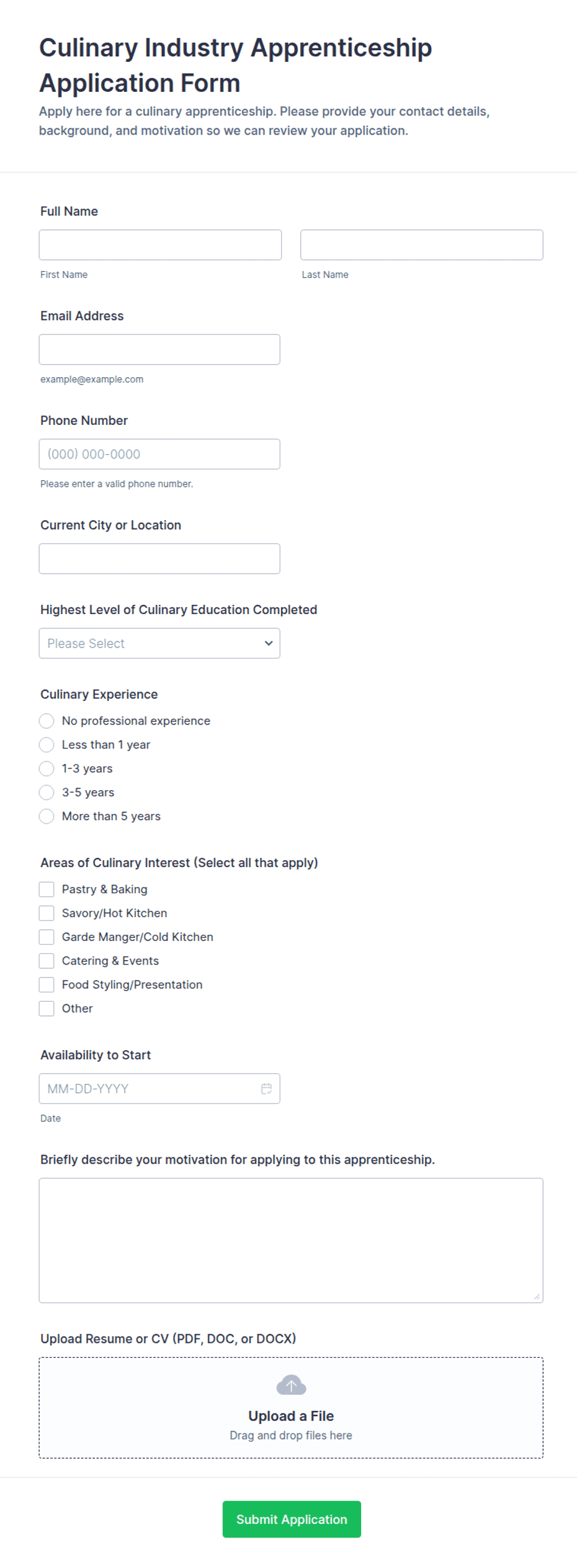 Culinary Industry Apprenticeship Application Form Template | Jotform