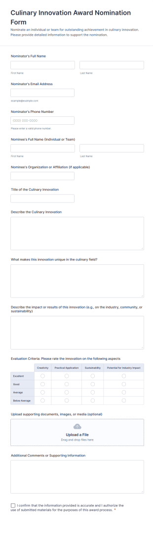 Culinary Innovation Award Nomination Form Template