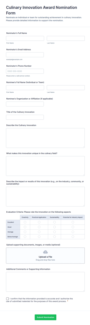 Culinary Innovation Award Nomination Form Template