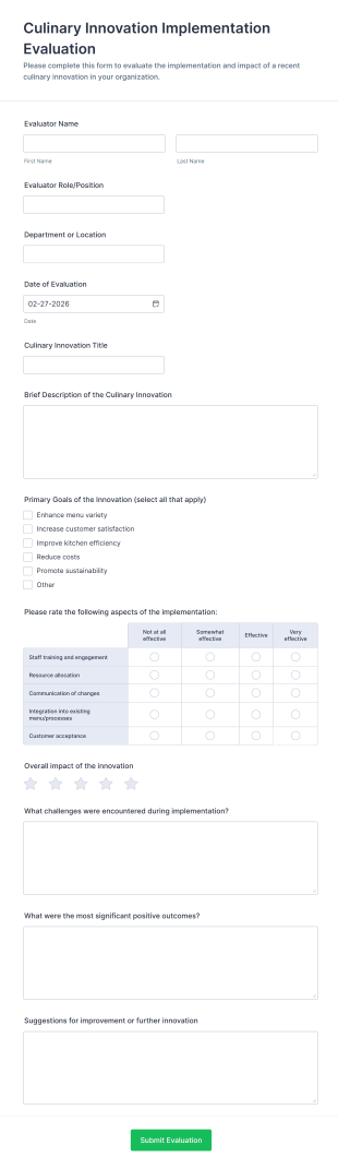 Culinary Innovation Implementation Evaluation Form Template