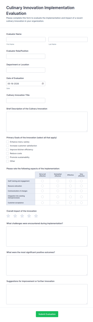Culinary Innovation Implementation Evaluation Form Template