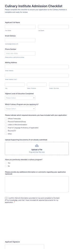 Culinary Institute Admission Checklist Form Template