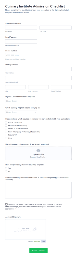 Culinary Institute Admission Checklist Form Template