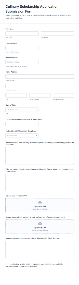 Culinary Scholarship Application Submission Form Template