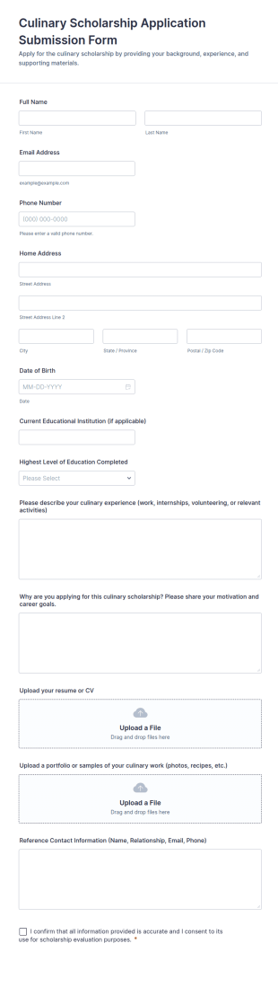 Culinary Scholarship Application Submission Form Template