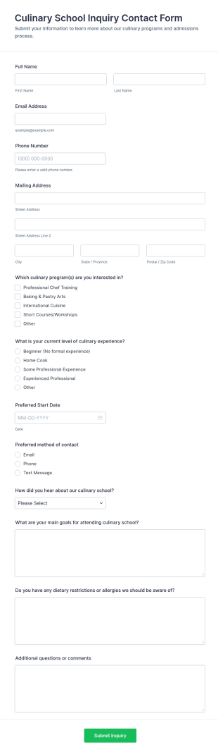 Culinary School Inquiry Contact Form Template