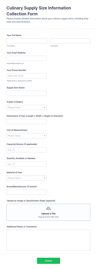 Culinary Supply Size Information Collection Form Template