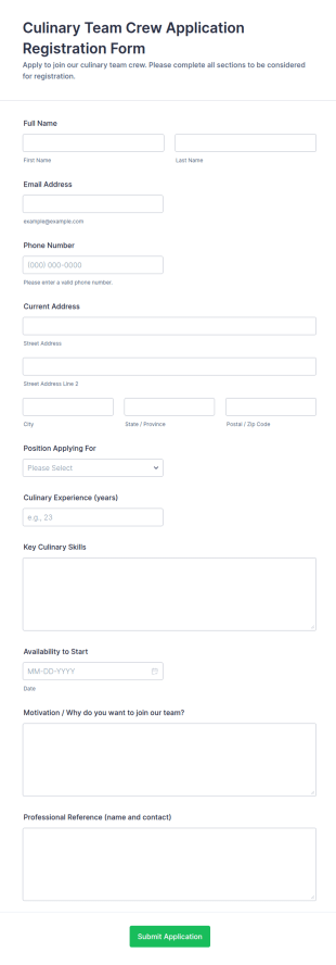 Culinary Team Crew Application Registration Form Template