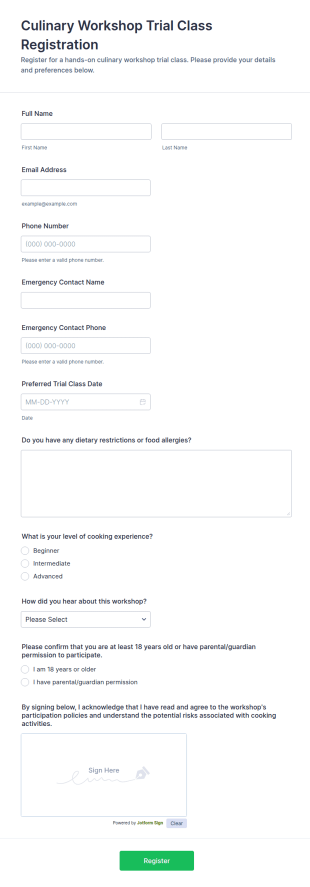 Culinary Workshop Trial Class Registration Form Template