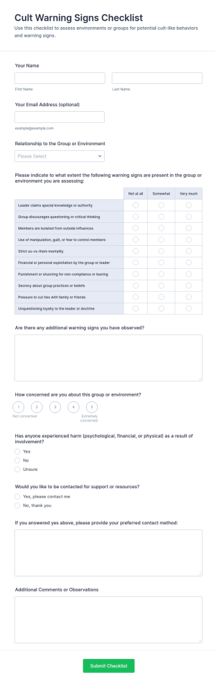 Cult Warning Signs Checklist Form Template