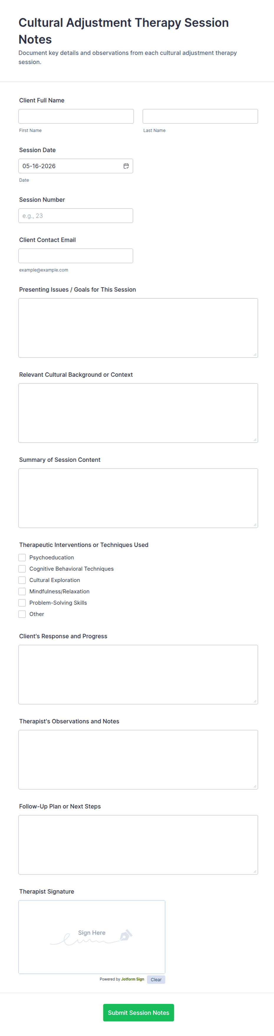 Cultural Adjustment Therapy Session Notes Form Template | Jotform