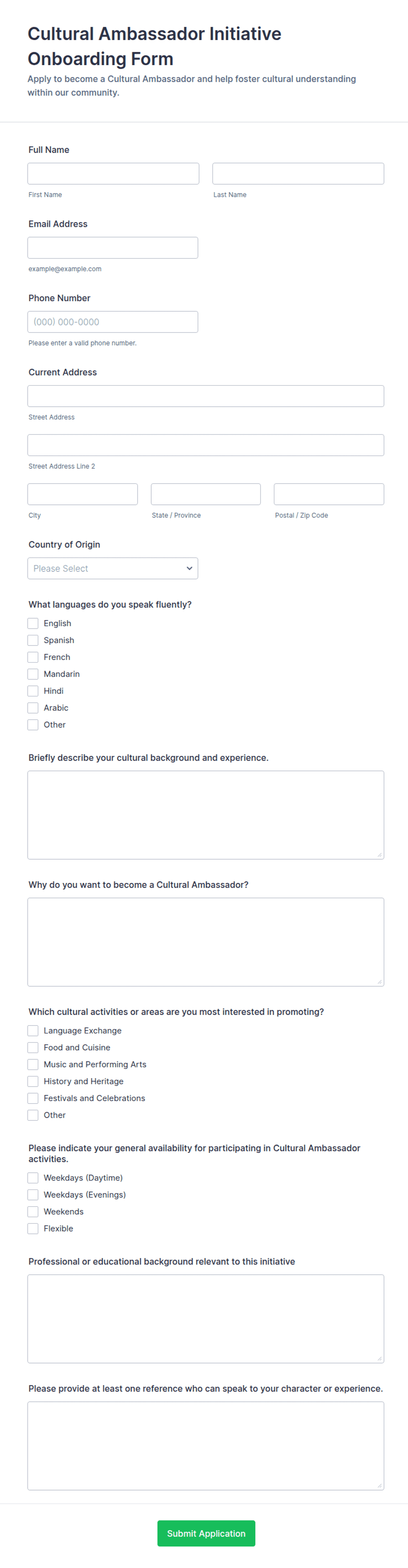 Cultural Ambassador Initiative Onboarding Form Template | Jotform