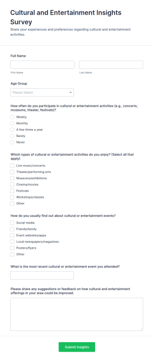Cultural And Entertainment Insights Survey Form Template