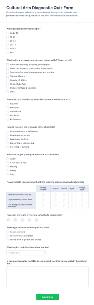 Cultural Arts Diagnostic Quiz Form Template