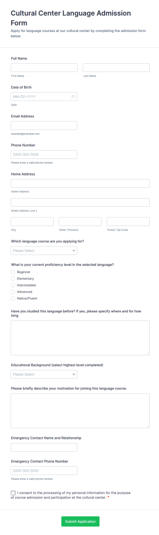 Cultural Center Language Admission Form Template